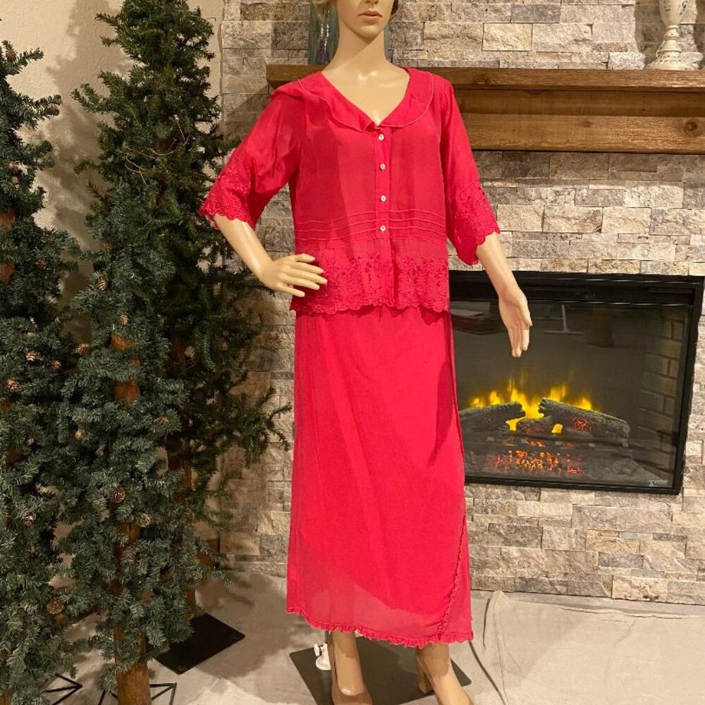 Vintage JOHNNY WAS Skirt (Lined) & Top Set Hot Pink Rayon Size M PERFECT!